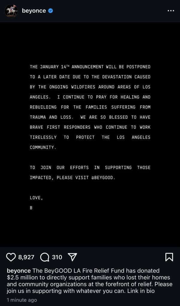 Beyoncé Delays January 14 Announcement Amid LA Wildfires