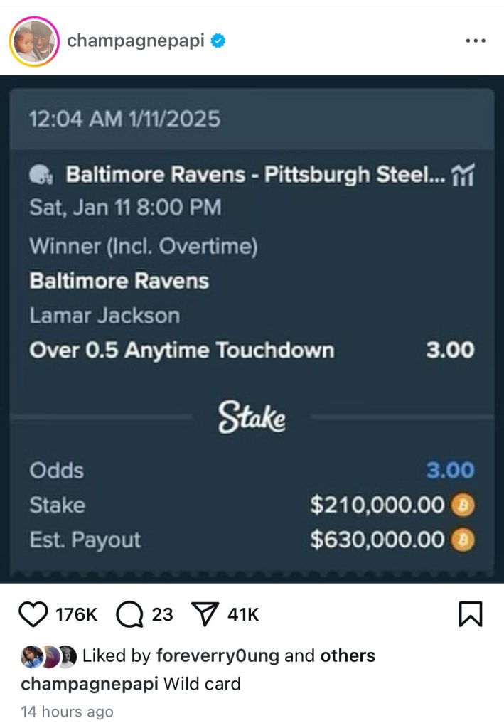 Drake bets $210,000 on Ravens in playoff game vs Steelers