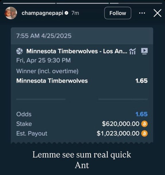 Drake Wins $1 million after massive bet on Timberwolves