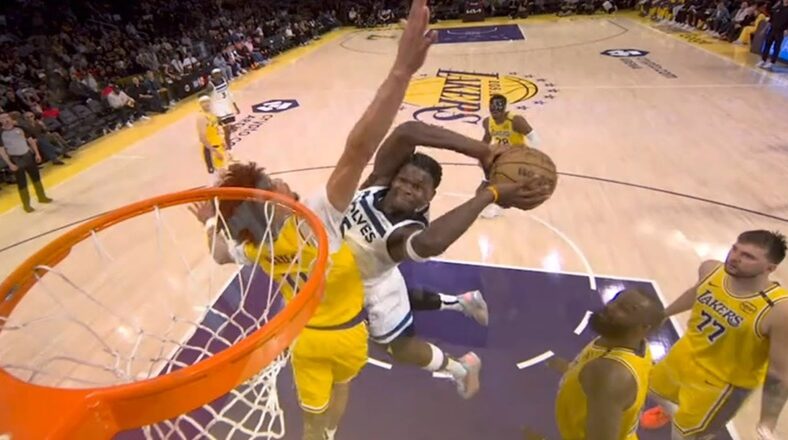 Anthony Edwards put the Lakers on notice with his second quarter dunk on Jaxson Hayes in Game 2 of the Timberwolves' playoff series vs. the Los Angeles Lakers.