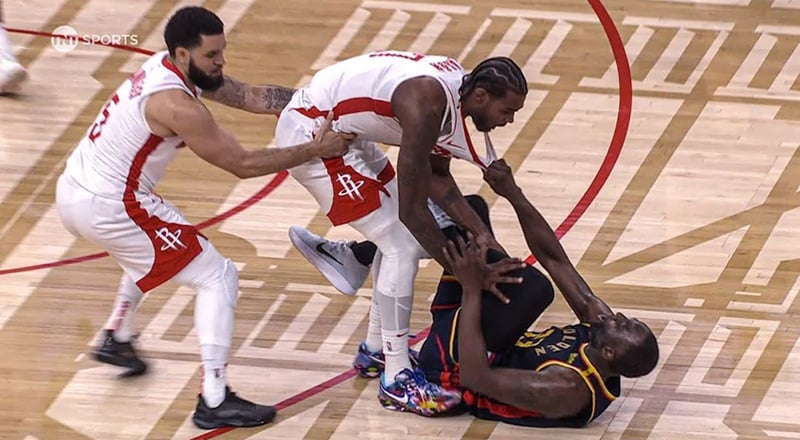 Draymond Green tried to kick Tari Eason in the head, during Warriors-Rockets Game 4 of the 2025 NBA Playoffs.