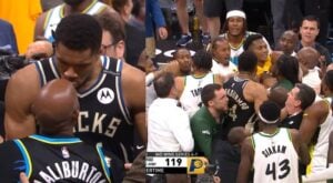 Giannis Antetokounmpo and Tyrese Haliburton's father got into a huge altercation, right after Haliburton's game-winning shot that ended Giannis and the Bucks' season.