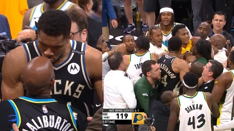 Giannis Antetokounmpo and Tyrese Haliburton's father got into a huge altercation, right after Haliburton's game-winning shot that ended Giannis and the Bucks' season.