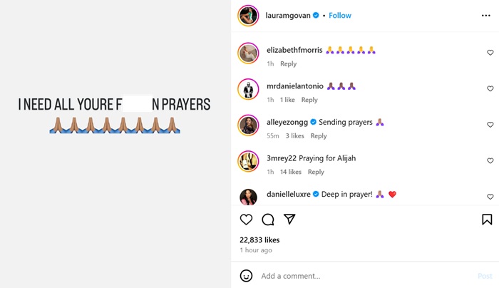 Laura Govan requests prayers for her son, Alijah Arenas, after he's left in a medically induced coma, following his fiery car crash.