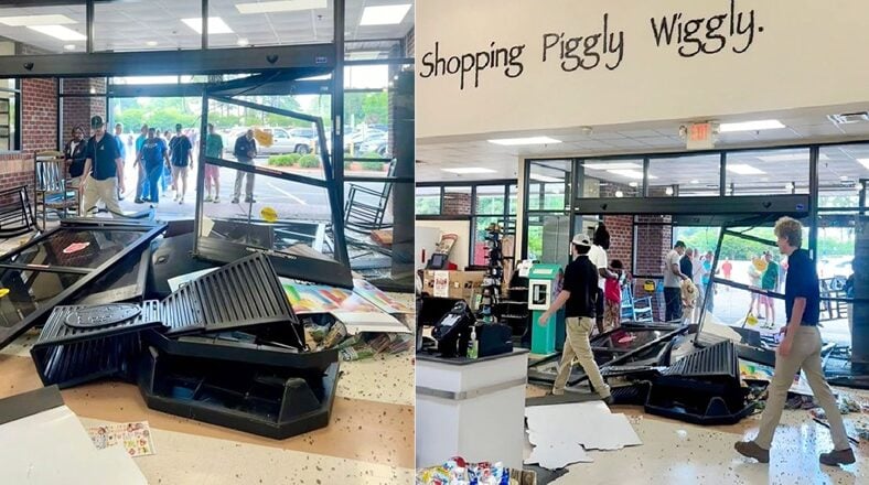 In Kinston, North Carolina, a woman crashed into the entrance of a Piggly Wiggly with her SUV. She had a 10-month-old child in the car with her. Now, she's facing fifteen charges.