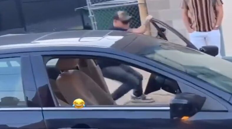 A man has gone viral on X for going off on a group of Black people, telling them to leave. Instead, they stayed and mocked him. As a result, the man began beating his own vehicle with his bare hands.