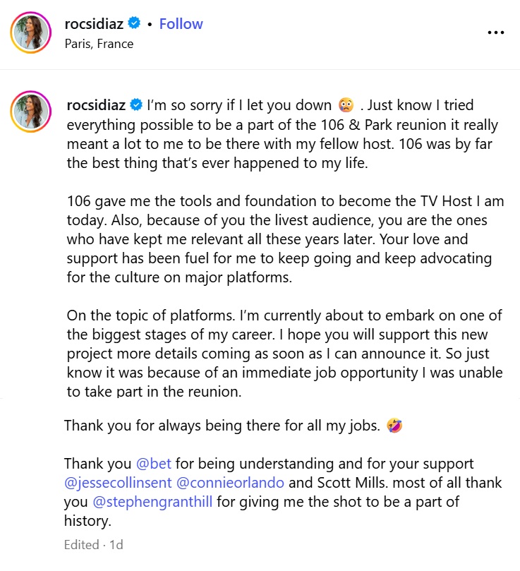 Rocsi Diaz explained, via Instagram, why she missed the 2025 BET Awards and the "106 & Park" reunion.