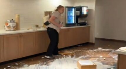 According to reports, this woman learned she was fired by the hotel after working a graveyard shift and setting up the breakfast bar. When she learned she was fired, she destroyed the breakfast bar that she reportedly just set up.