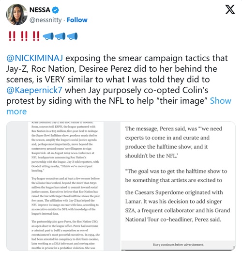 Nessa Diab sided with Nicki Minaj against Jay-Z, Desiree Perez, and the rest of Roc Nation in a public post on X.