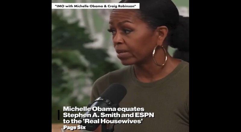 On the latest episode of her podcast with her brother, Craig Robinson, Michelle Obama compared ESPN to watching "The Rea Housewives" and said Stephen A. Smith would make a good housewife.
