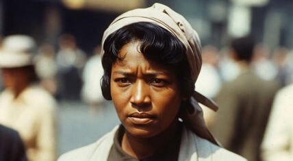 The photorealistic reimagination on the left depicts Ella Josephine Baker as a determined African American civil rights activist in her prime during the 1960s. She stands confidently in a bustling urban street setting, likely evoking Harlem or a Southern city during the civil rights era. Baker is portrayed with medium-dark brown skin, sharp facial features, and a serious, resolute expression—furrowed brows conveying focus and quiet intensity. Her dark hair is neatly styled and partially covered by a light beige or tan headscarf tied securely around her head. She wears a modest, practical outfit: a simple brown collared blouse or dress with small buttons, layered under a long, light gray cardigan or coat that falls open at the front, paired with a full skirt in a darker shade. The background shows blurred crowds of people in period-appropriate clothing, brick buildings, and a sense of movement on a busy sidewalk, emphasizing her role in grassroots organizing amid everyday community life. The image captures her as a steadfast, no-nonsense leader who empowered ordinary people in the fight for racial and economic justice.