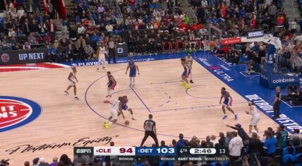 Late in Game 5, the Pistons led the Cavaliers 103-94 with 2:46 remaining in the fourth quarter. Cade Cunningham and Detroit players press on offense at Little Caesars Arena during their eventual overtime loss.