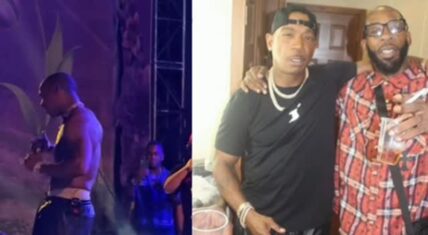 Bang 'Em Smurf (right) poses with Ja Rule (left) during their surprise link-up at the R&B Brunch Festival in Trinidad. The friendly photo shows the former G-Unit affiliate with his arm around Ja Rule, capturing a calm moment years after the infamous Murder Inc. vs G-Unit beef.