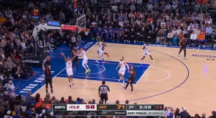 Game 2 of the 2026 Eastern Conference Finals: New York Knicks lead the Cleveland Cavaliers 71-58 in the third quarter at Madison Square Garden. A Knicks defender contests a shot by a Cavaliers player as teammates position themselves on the court during the Knicks' 18-0 run.
