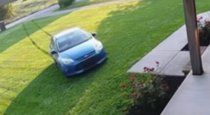 Blue sedan driven by an Amazon delivery driver crossing a well-maintained green residential lawn in Wisconsin, approaching the front porch area with visible tire tracks.