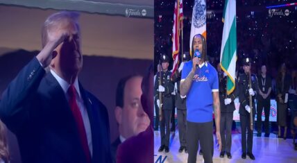 Avery Wilson sings the National Anthem at MSG while President Donald Trump salutes during Game 3 of the 2026 NBA Finals between the Knicks and Spurs.