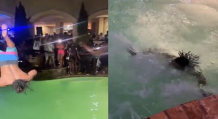 Split-screen viral video still: Left shows a shirtless man with dreadlocks in colorful swim trunks mid-backflip into a glowing green pool at a crowded nighttime party; right shows him struggling and splashing in the water during the chaotic rescue moment.