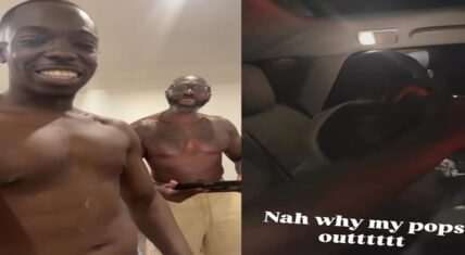 Bobby Shmurda (left, shirtless and smiling broadly) stands with his father Gervase Johnson (center, shirtless with gray beard and glasses, holding a tablet) indoors; right panel shows a scene inside a vehicle with overlaid text 