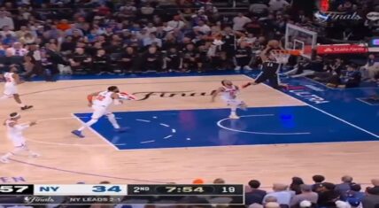 Stephon Castle lobs a perfect half-court alley-oop to Carter Bryant for a thunderous two-handed dunk in 2026 NBA Finals Game 4, as the Spurs lead the Knicks 57-34 in the second quarter.