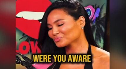 Daphne Joy on the Pillow Talk with Ryan podcast, close-up shot showing her with pursed lips and a sideways glance, bold yellow text overlay reading 