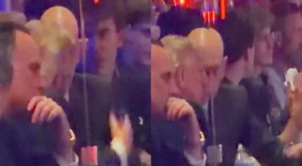 Side-by-side photos of President Donald Trump seated in a suite at the 2026 NBA Finals Game 3, resting his chin on his hand while observing the Knicks vs Spurs matchup.