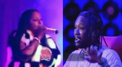 Side-by-side photo of Foxy Brown performing on stage (left) and Nicki Minaj’s stylist Khalil speaking and gesturing (right).