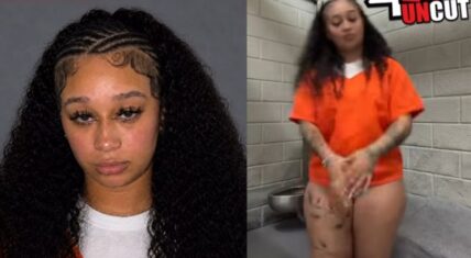 Side-by-side images of Instagram model Raielle: portrait with long curly braided hair on the left, and in orange jail uniform standing in a cell on the right, from the Houston contraband phone allegations.