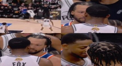 Collage from 2026 NBA Finals Game 2: De'Aaron Fox shoves Jalen Brunson, leading to intense face-to-face stare-down with Rick Brunson confronting Fox.