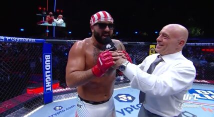 Josh Hokit interviewed by Joe Rogan inside the octagon on the White House South Lawn after defeating Derrick Lewis at UFC Freedom 250