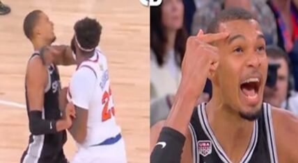 Victor Wembanyama taunts Mitchell Robinson during their physical altercation in Game 4 of the 2026 NBA Finals between the San Antonio Spurs and New York Knicks. (Split image showing on-court confrontation and Wemby pointing to his head)