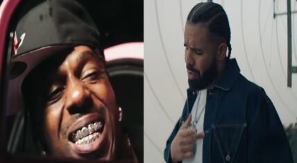Sauce Walka (left) smiling with diamond grills next to Drake (right) pointing at himself in a split image.