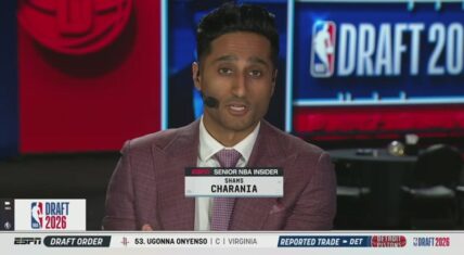 Shams Charania, ESPN Senior NBA Insider, delivering breaking news on LaMelo Ball trade talks during the NBA Draft 2026 broadcast.