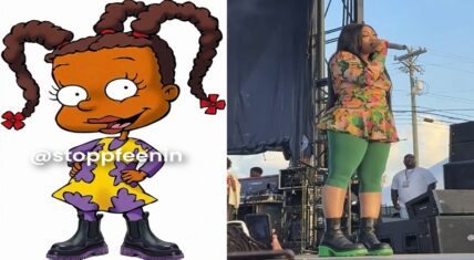 Trina performance outfit compared to Rugrats character Susie Carmichael meme.
