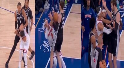 Three-panel collage from Knicks vs Spurs NBA Finals Game 3 at MSG: Victor Wembanyama shoving Jalen Brunson to the floor (left), mid-play action (center), and Josh Hart confronting Luke Kornet leading to a technical foul (right).
