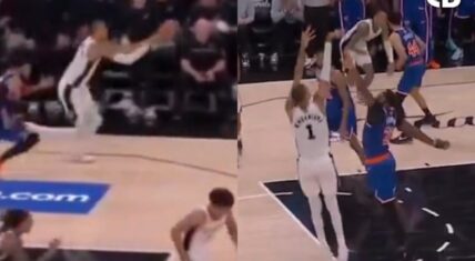 Victor Wembanyama in white Spurs jersey #1 attempting a contested shot and making a pass during the clutch final seconds of Game 2 of the 2026 NBA Finals against the New York Knicks. Side-by-side highlights showing the missed game-winner sequence.