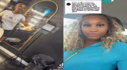 Woman confronts Dallas hairstylist after niece’s appointment cancellation, split image showing her in salon and close-up selfie with comment overlay.