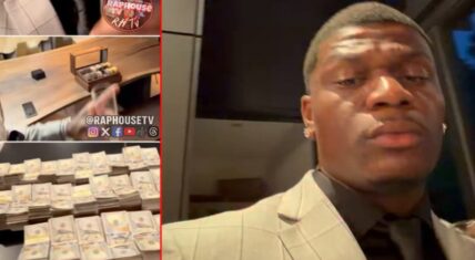 A collage from a viral video shows a Black man in a beige suit speaking to the camera in a luxury home, alongside close-ups of stacked $100 bills totaling $1.3 million and an open box of luxury watches valued at $1 million.