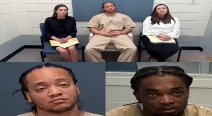 Composite image from a parole hearing showing two men in tan jumpsuits seated with two women (the board members), plus close-up portraits of the braided co-defendants.