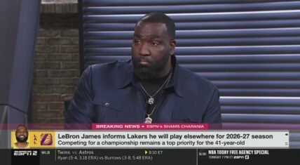 Kendrick Perkins on ESPN studio panel with serious expression during breaking news segment on LeBron James informing the Lakers he will play elsewhere for the 2026-27 season, Shams Charania ticker visible.