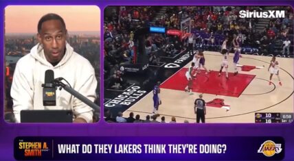 Stephen A. Smith in a white hoodie speaks animatedly on his SiriusXM show in a split-screen view, with Chicago Bulls vs. Lakers game footage on the right and a lower-third graphic questioning the Lakers' moves after acquiring Walker Kessler.