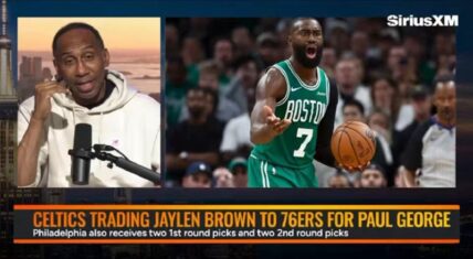 Split-screen image of Stephen A. Smith speaking in a white hoodie on the left and Jaylen Brown in a green Boston Celtics #7 jersey holding a basketball on the right, with a bottom banner reading "CELTICS TRADING JAYLEN BROWN TO 76ERS FOR PAUL GEORGE" and details on draft picks.